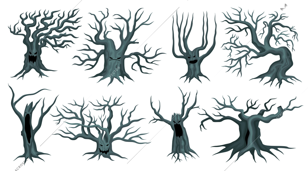 Halloween spooky trees with leafless branches flat set isolated against white background vector illustration