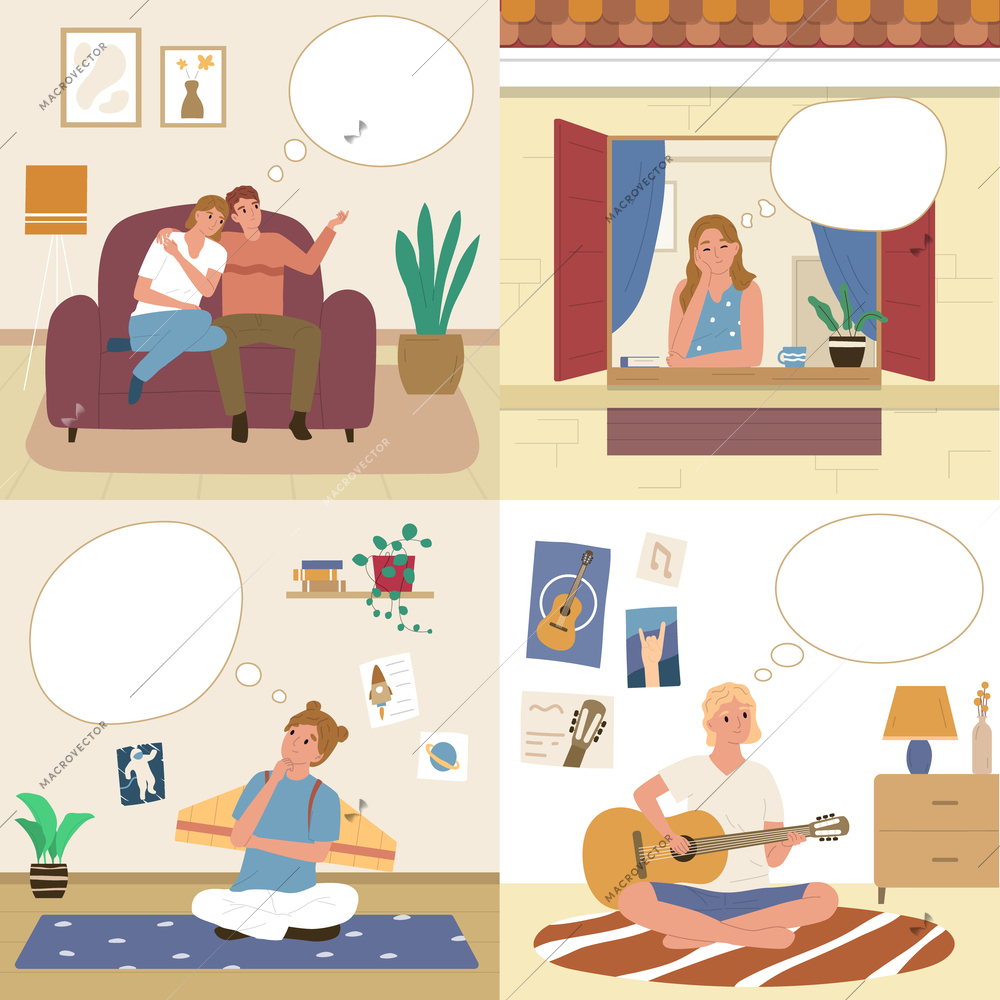Four dreams dreaming people flat icon set few stories about the dreams of ordinary people with a cloud next to each of them vector illustration