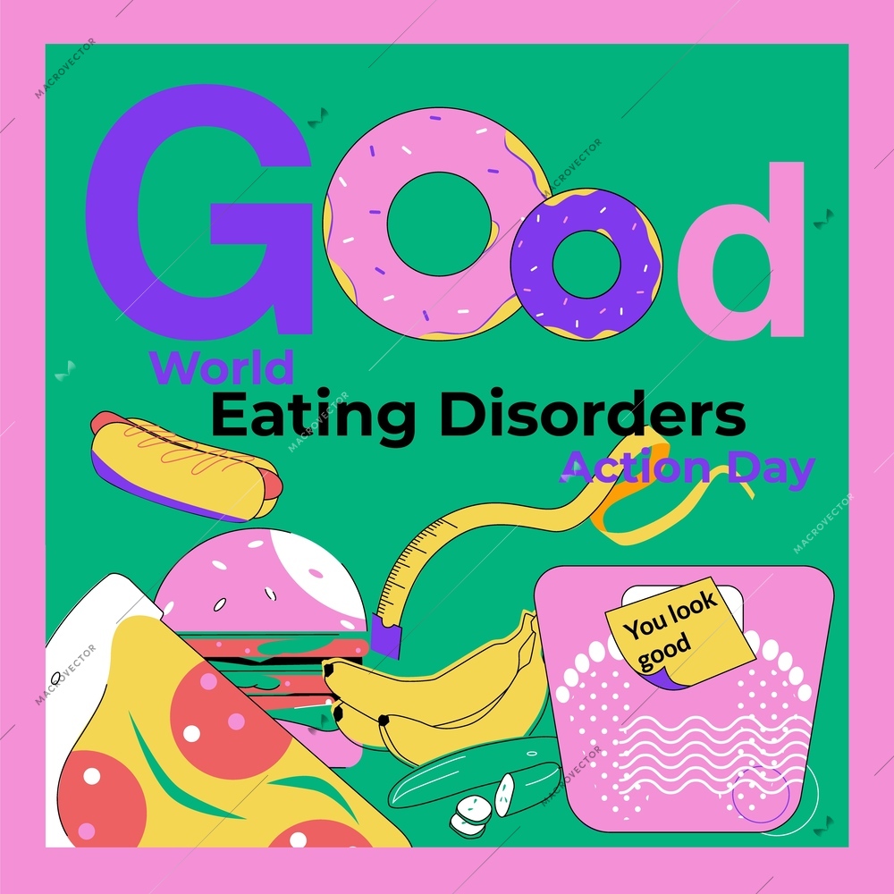 Eating disorder flat composition with editable text images of donuts junk food and fruits with frame vector illustration