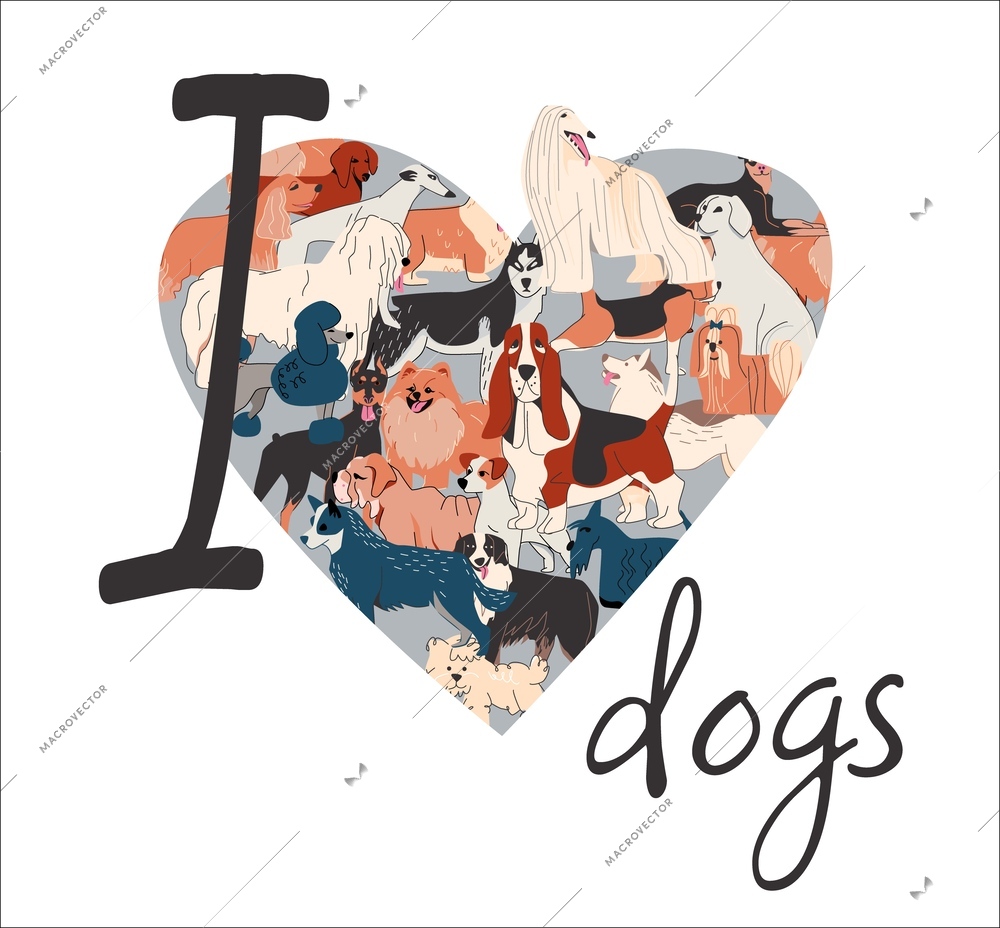 Dog drawing outline square composition with handwritten text and heart filled with images of various dogs vector illustration