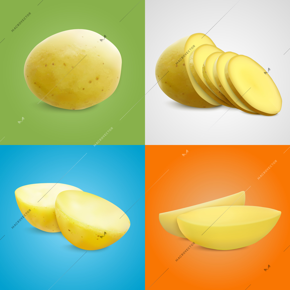 Potatoes realistic 2x2 set of square compositions with whole potato fruit cut into halves and slices vector illustration