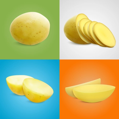 Potatoes realistic 2x2 set of square compositions with whole potato fruit cut into halves and slices vector illustration