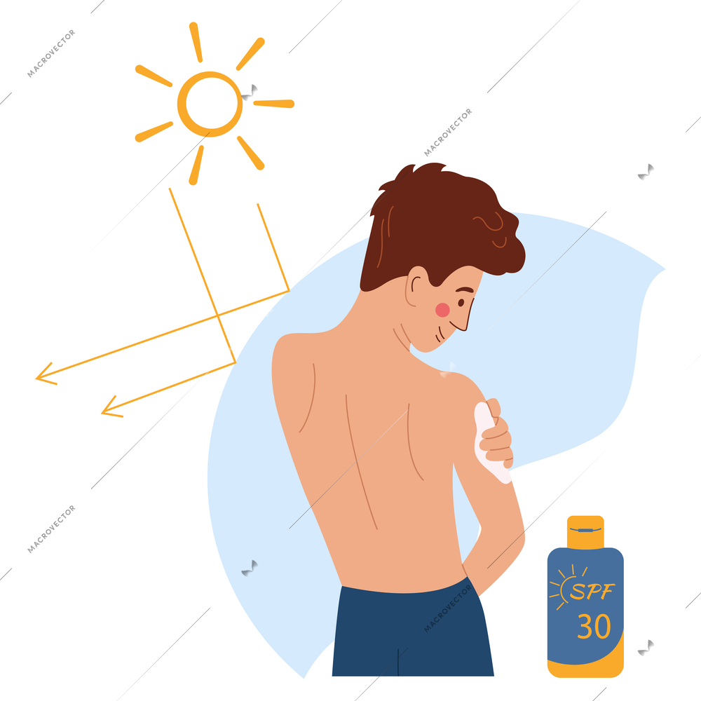 Sun protection flat background composition of young man character applying cream and sun with reflecting arrows vector illustration