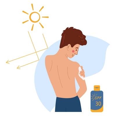 Sun protection flat background composition of young man character applying cream and sun with reflecting arrows vector illustration