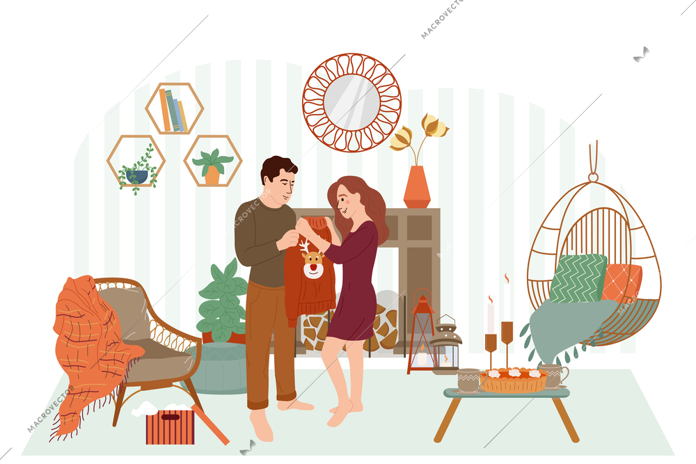 Hugge lifestyle flat composition with living room interior soft furniture and loving couple giving warm clothes vector illustration