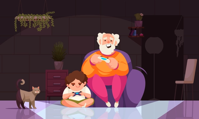 Grandfather playing video games with grandson indoors cartoon vector illustration