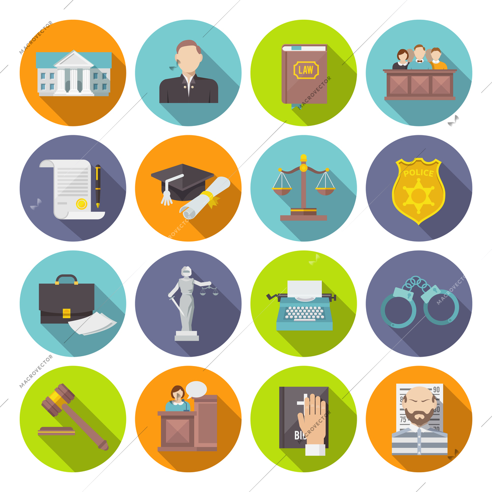 Law icon flat set with lawyer jail court jury isolated vector illustration