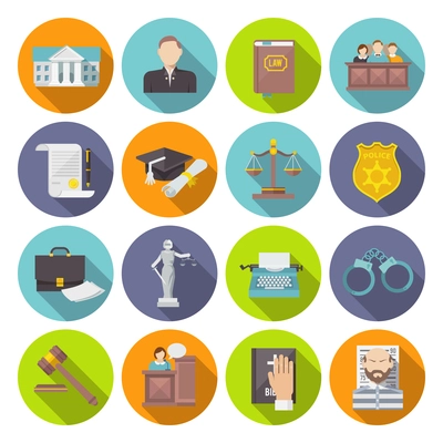 Law icon flat set with lawyer jail court jury isolated vector illustration