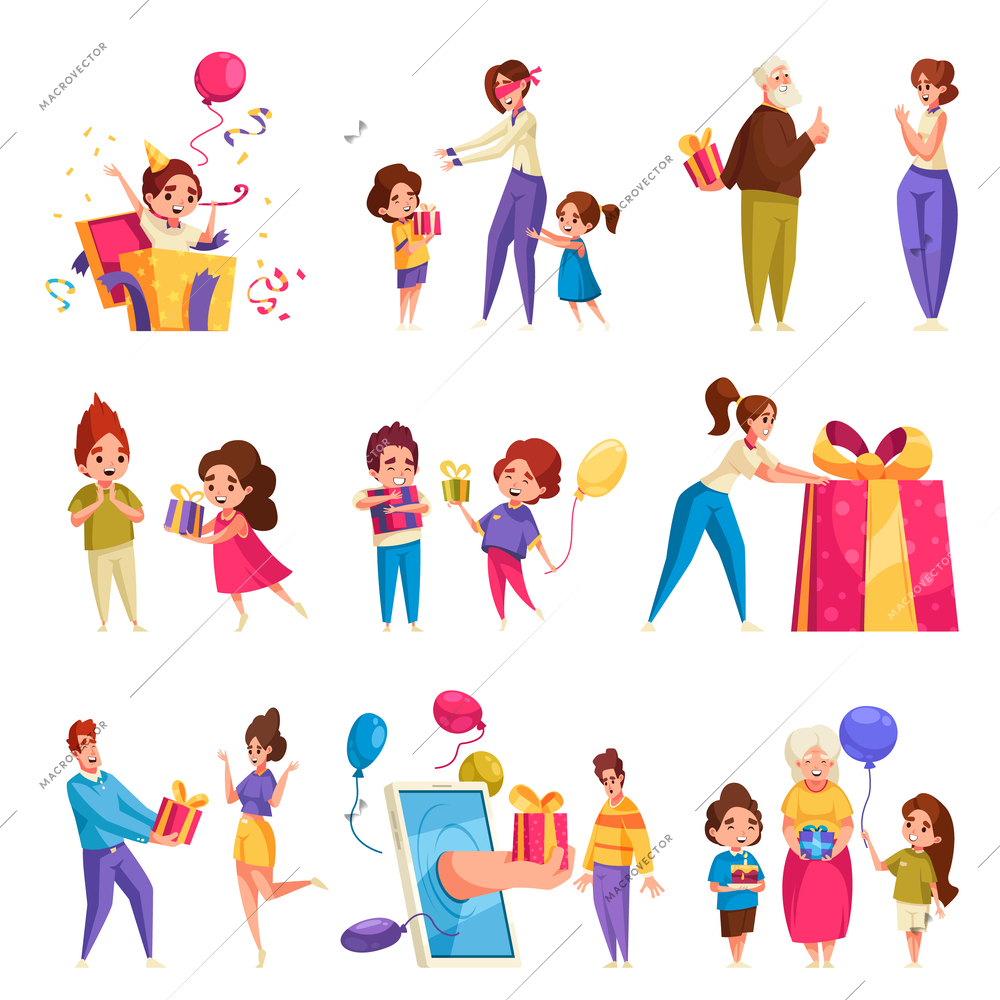 Holiday celebration cartoon icons set with people giving presents isolated vector illustration