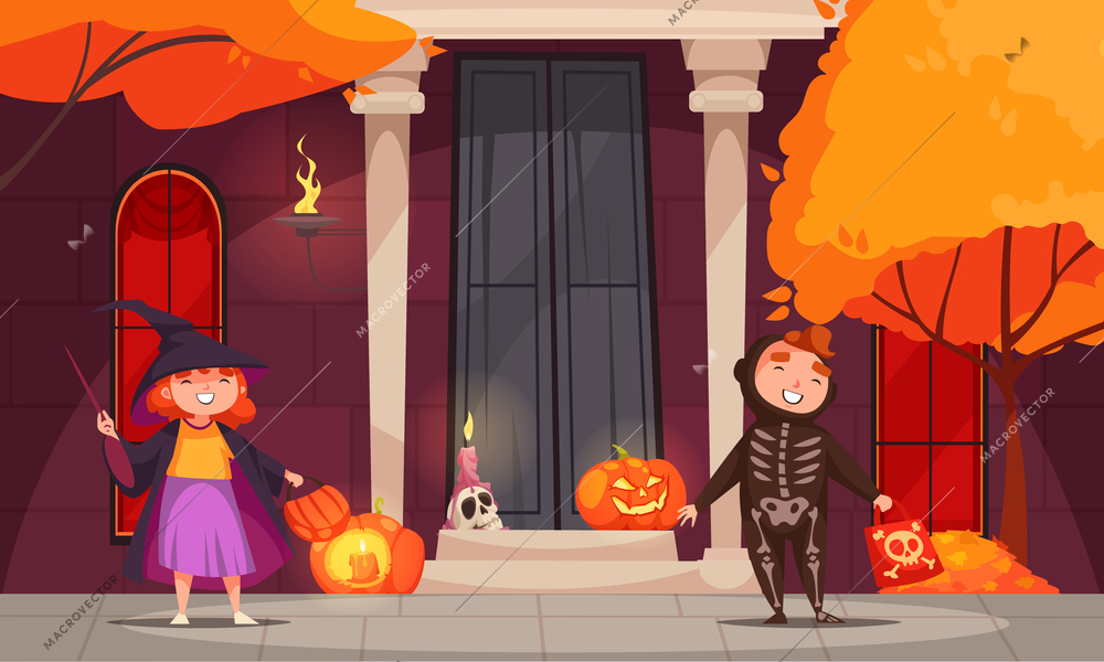 Halloween cartoon concept with happy kids in costumes and autumn trees on background vector illustration