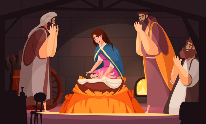 Jusus Christh birht cartoon scene with Virgin Mary and Joseph vector illustration