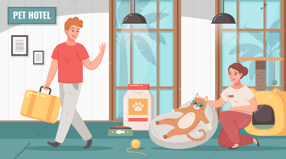 Pet hotel cartoon background with  owner of cat leaving his pet in  care of hotel employee flat vector illustration