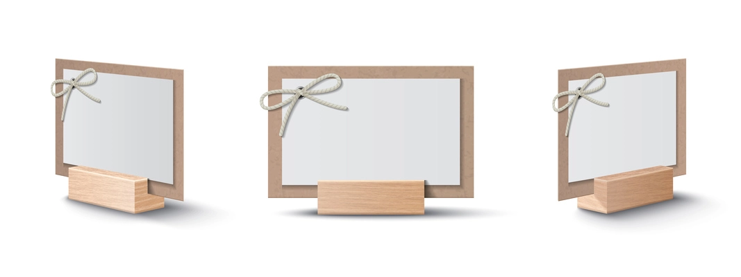 Cardboard empty place cards decorated with rope bow on wooden holder realistic set isolated vector illustration