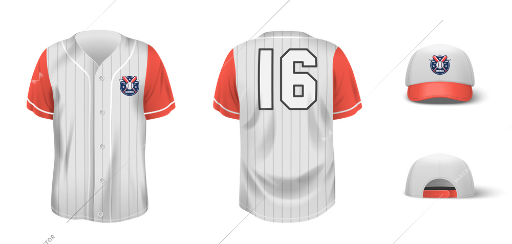 Front and rear realistic view of shirt and cap elements of baseball uniform isolated vector illustration