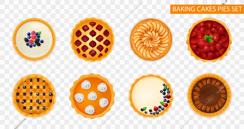 Set with realistic baking cakes pies on transparent background with isolated circle images cake top views vector illustration