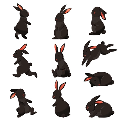 Rabbit color set with isolated cartoon style images of black bunny various poses on blank background vector illustration