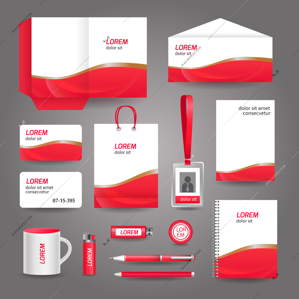 Red wavy abstract business stationery template for corporate identity and branding set vector illustration