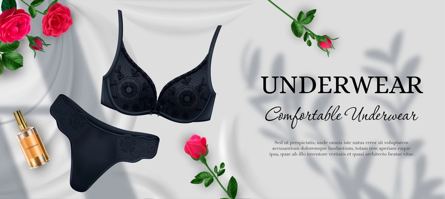 Realistic lingerie women poster background with black bra and panties with flowers perfume and editable text vector illustration