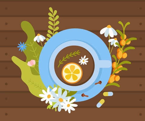 Herbal medicine flat wooden background with top view of cup with herb tee and lemon spice vector illustration