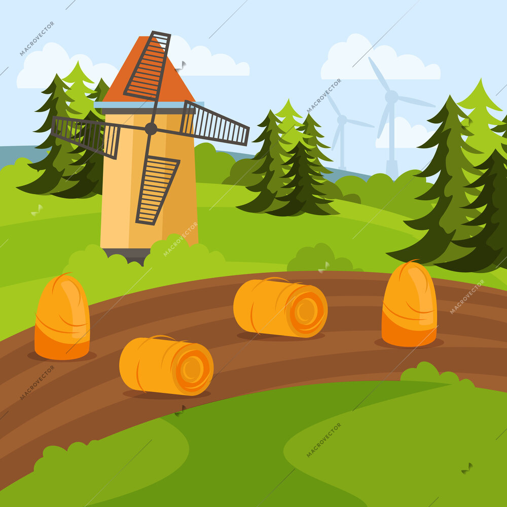 Renewable and nonrenewable resources flat background with oil barrels scattered on road passing through forest past the windmill vector illustration