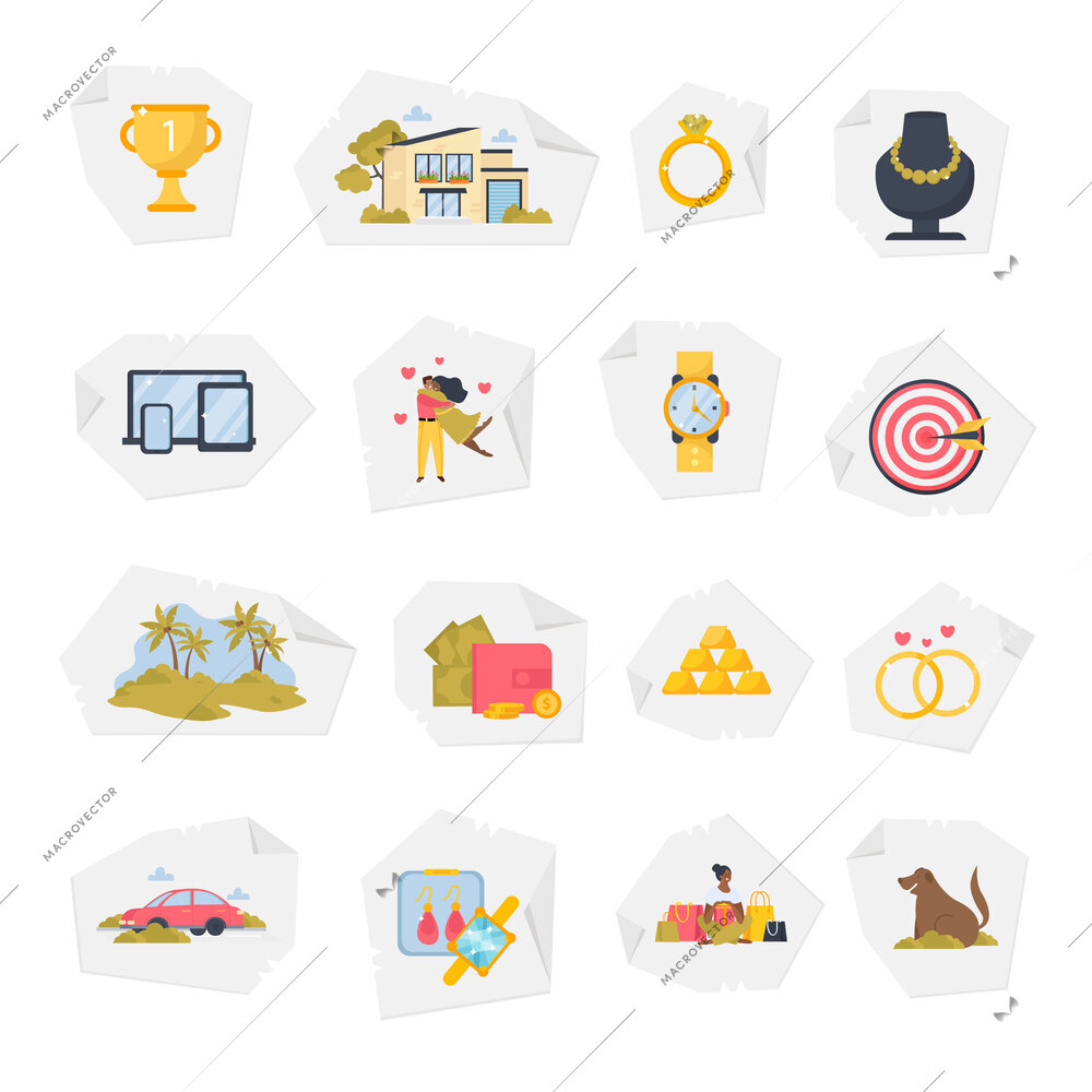 Dreams flat icons set of jewelry financial success travel achievements wedding and happy family life isolated vector illustration