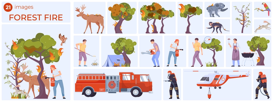 Forest fire flat composition burned skin of animals burning trees fire trucks and firefighters forest visitors vector illustration