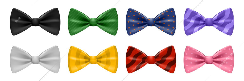 Realistic bow tie set with eight accessories of different colors and patterns isolated against white background vector illustration