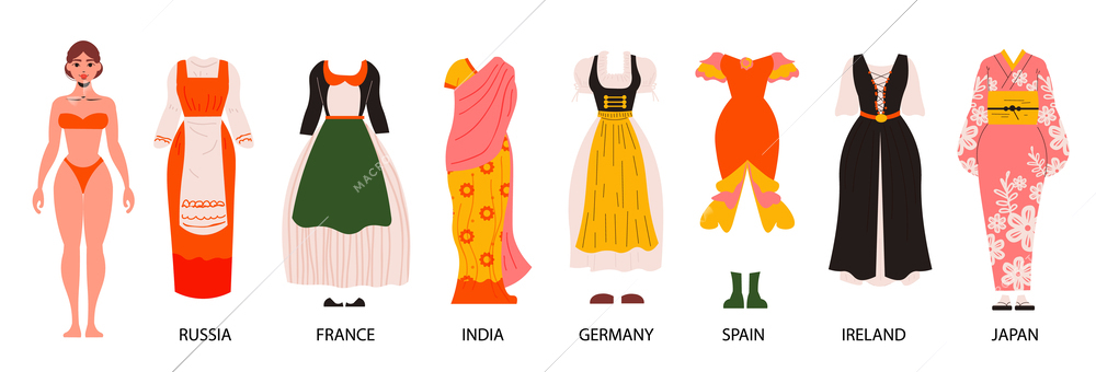 Paper doll princess clothes set with Russia and France costume flat isolated vector illustration