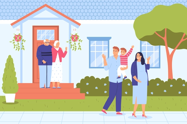 Family with little boy leaving home and waving to senior parents standing on porch flat vector illustration