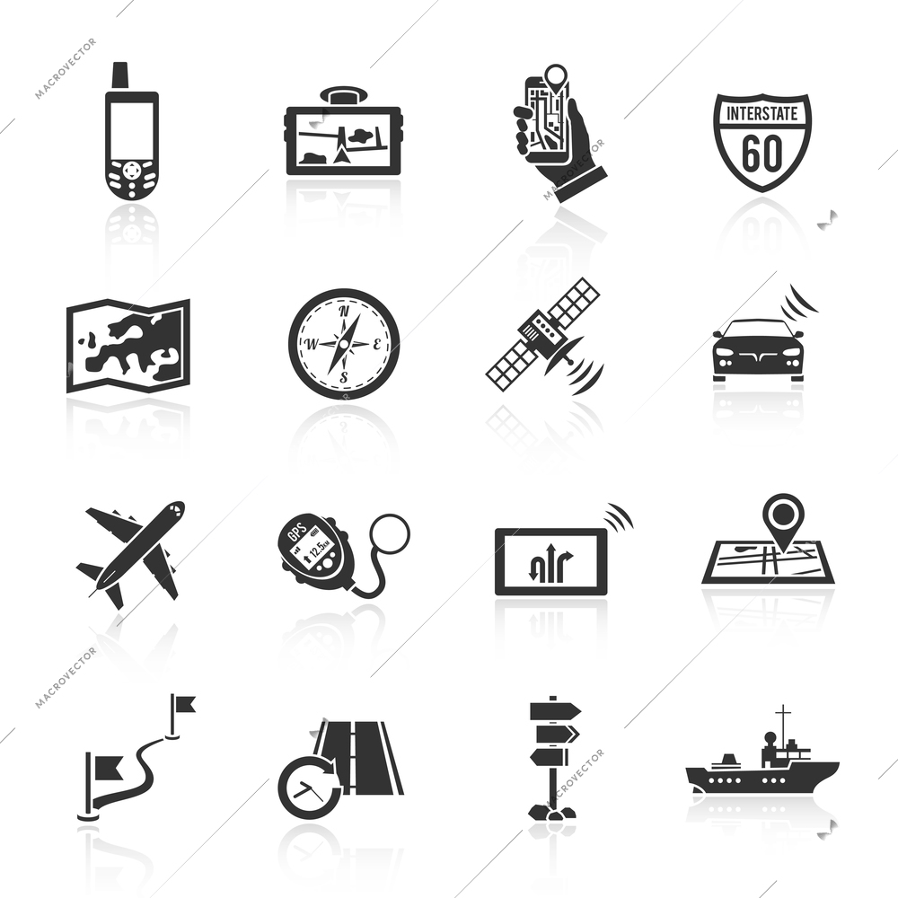 Navigation real time course and position finder system black icons set with compass abstract  isolated vector illustration