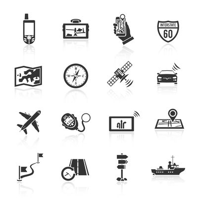 Navigation real time course and position finder system black icons set with compass abstract  isolated vector illustration