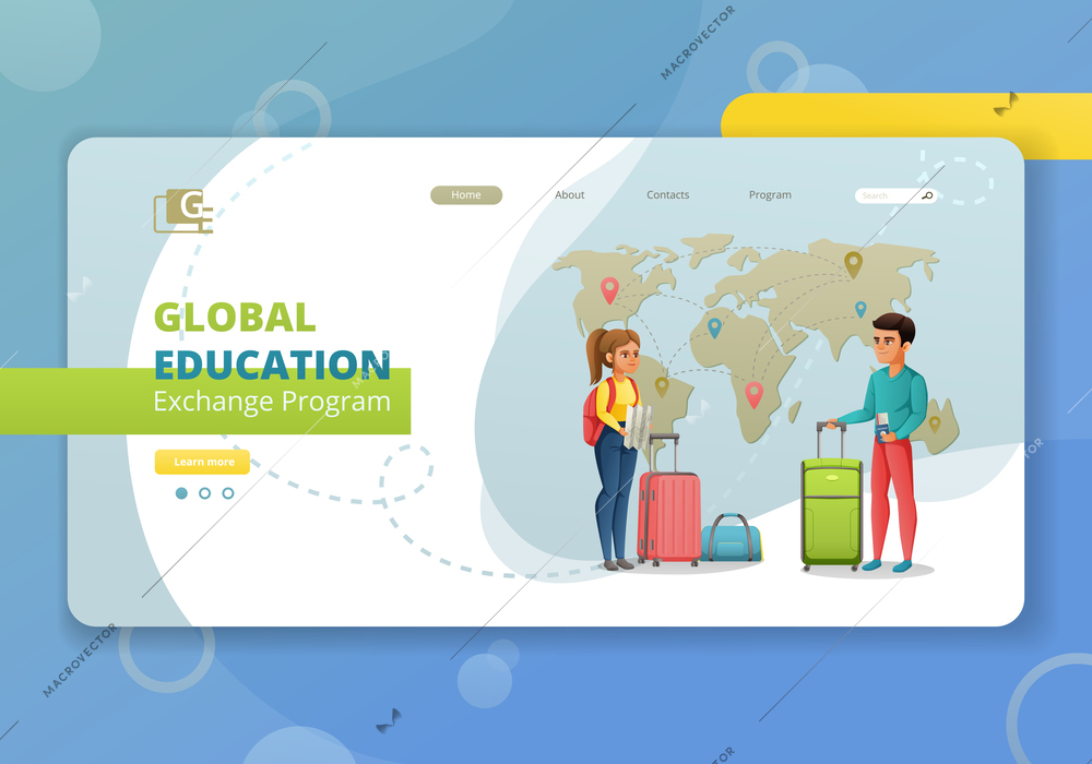 Global education student exchange cartoon web site landing page with human characters world map and links vector illustration