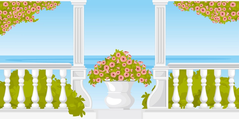Balusters column terrace balcony composition with outdoor view of sea coast with flower vase and architecture vector illustration
