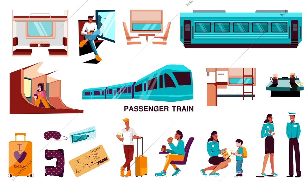 Passenger train flat set of traveling people with baggage waiting for a transport at station and sitting in wagon isolated vector illustration