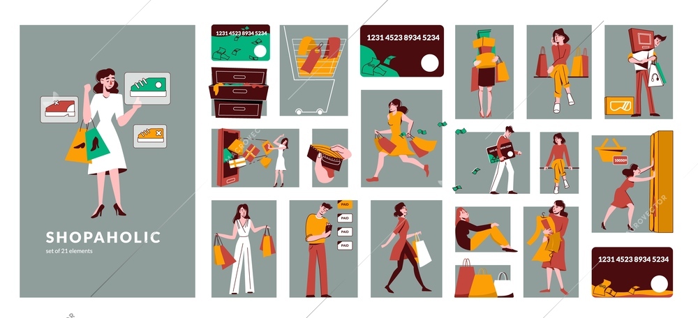 Shopaholic flat composition consisting from separate rectangular illustrations of male and female characters holding bags with purchases isolated vector illustration