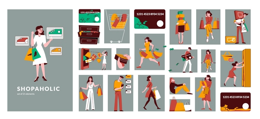 Shopaholic flat composition consisting from separate rectangular illustrations of male and female characters holding bags with purchases isolated vector illustration