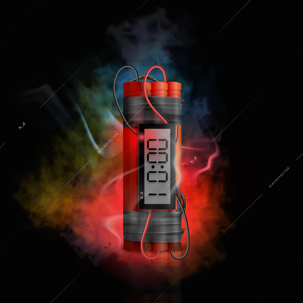 Realistic dynamite bomb with countdown timer in colorful smoke on black background vector illustration
