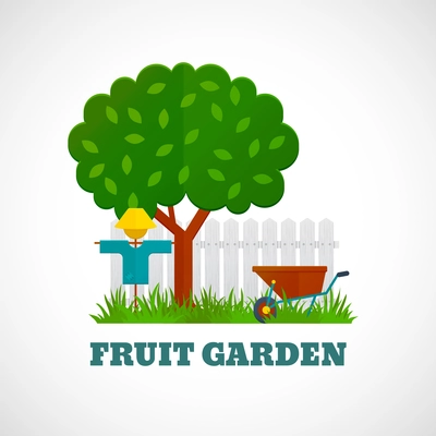 Fruit garden poster with tree scarecrow wheelbarrow on the lawn and fence vector illustration