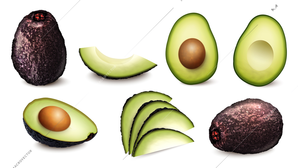 Realistic avocado set with fresh whole fruit halves and slices isolated vector illustration