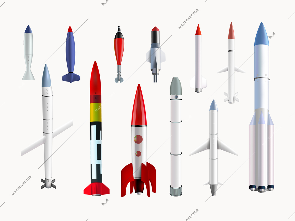 Military ballistic missiles realistic set isolated against white background vector illustration