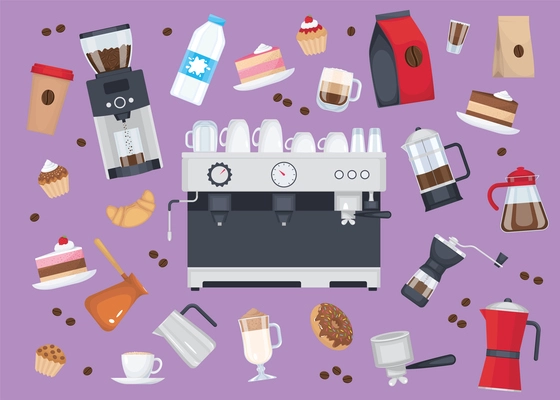 Barista coffee equipment set with flat isolated images of coffee making apparatus cookware and food products vector illustration