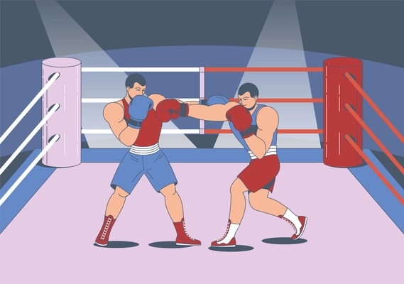 Boxing training cartoon composition with view of boxing ring with two athletes during duel fight match vector illustration