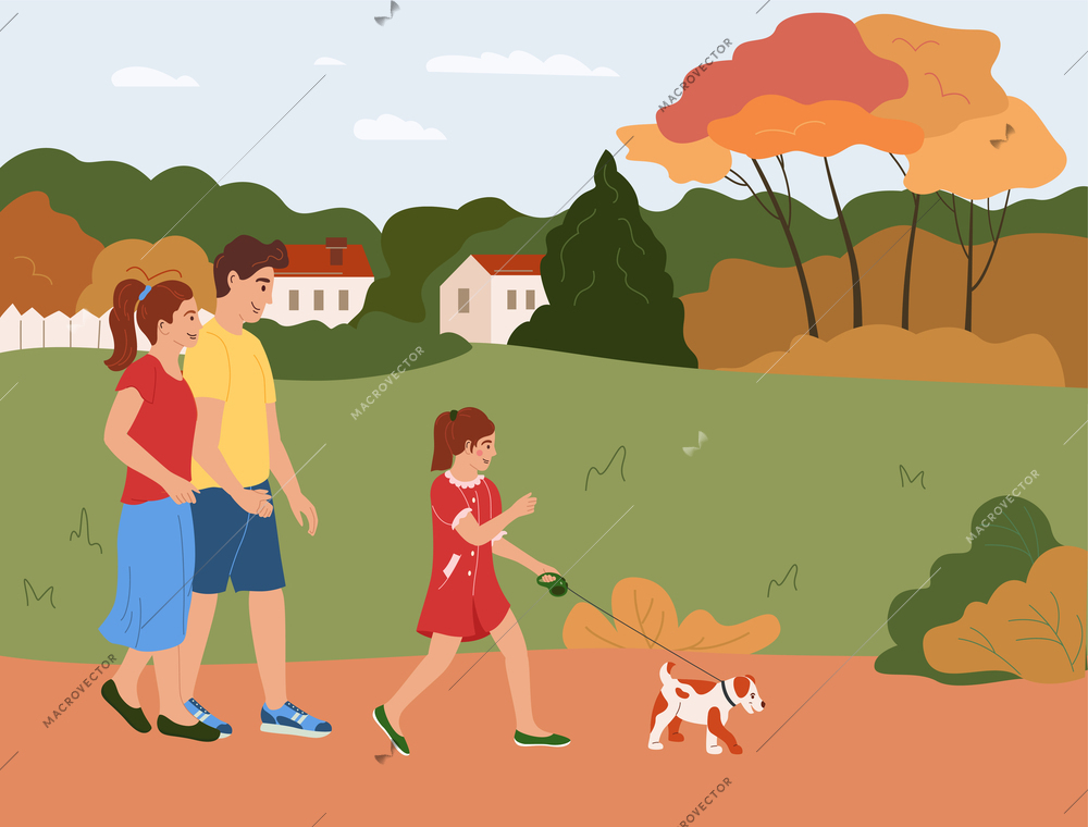 Family activities flat background with little girl walking dog together with her parents vector illustration