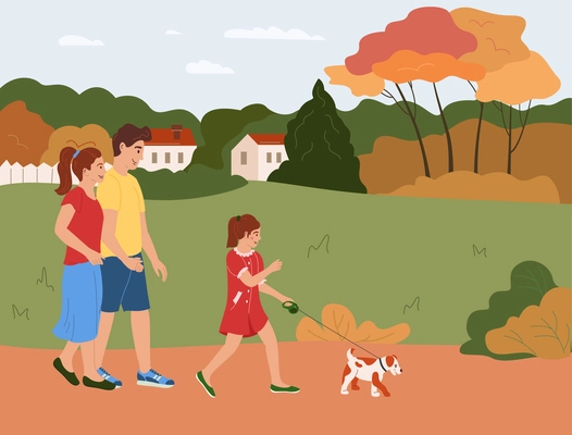 Family activities flat background with little girl walking dog together with her parents vector illustration