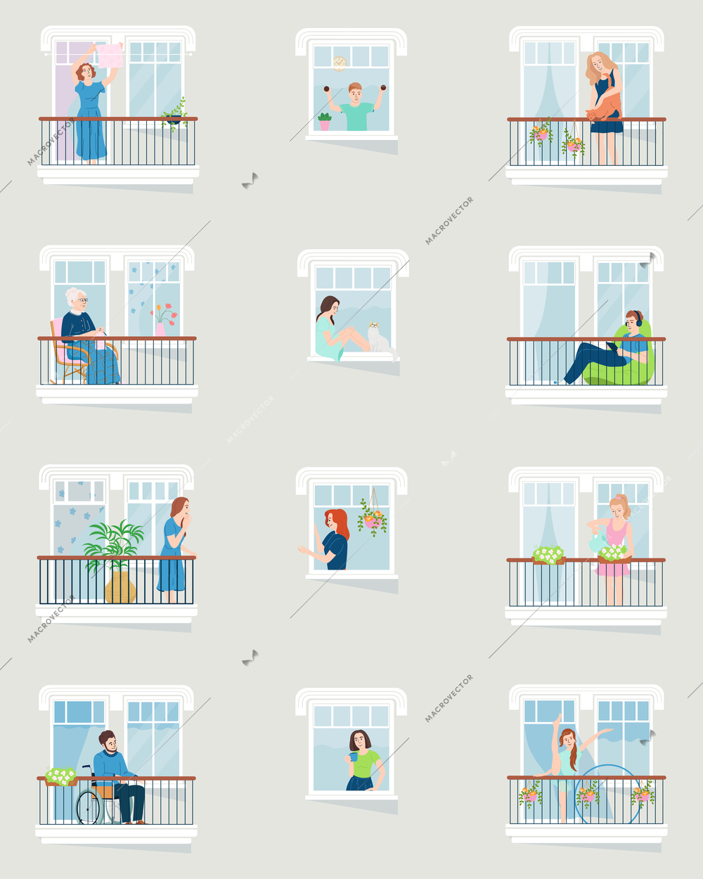Friendly neighbours in their windows flat icons set of people spending time with reading chatting sporting caring of plants vector illustration
