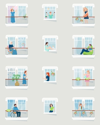 Friendly neighbours in their windows flat icons set of people spending time with reading chatting sporting caring of plants vector illustration