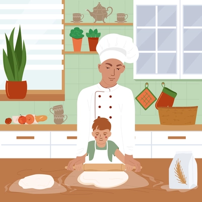 Childish cooking school design concept with professional chef teaching little boy to roll out dough for cake flat vector illustration