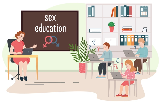 Sex education flat background with female teacher at board giving lesson to children in class vector illustration