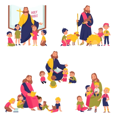 Jesus Christ and kids color set with religion symbols flat isolated vector illustration