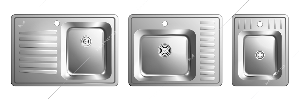 Realistic metal sink icon set three different metal sinks with a drying area vector illustration